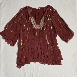 Anthropologie Floreat Canalis Keyhole Blouse Size M Boho Sequin Maroon Gold
